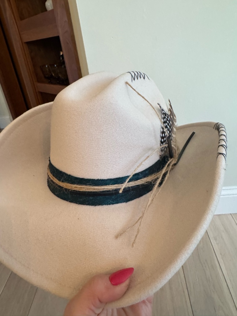 Tan Felt Cowboy Hat with Black Band and Feather Accent - Picture 4 of 5